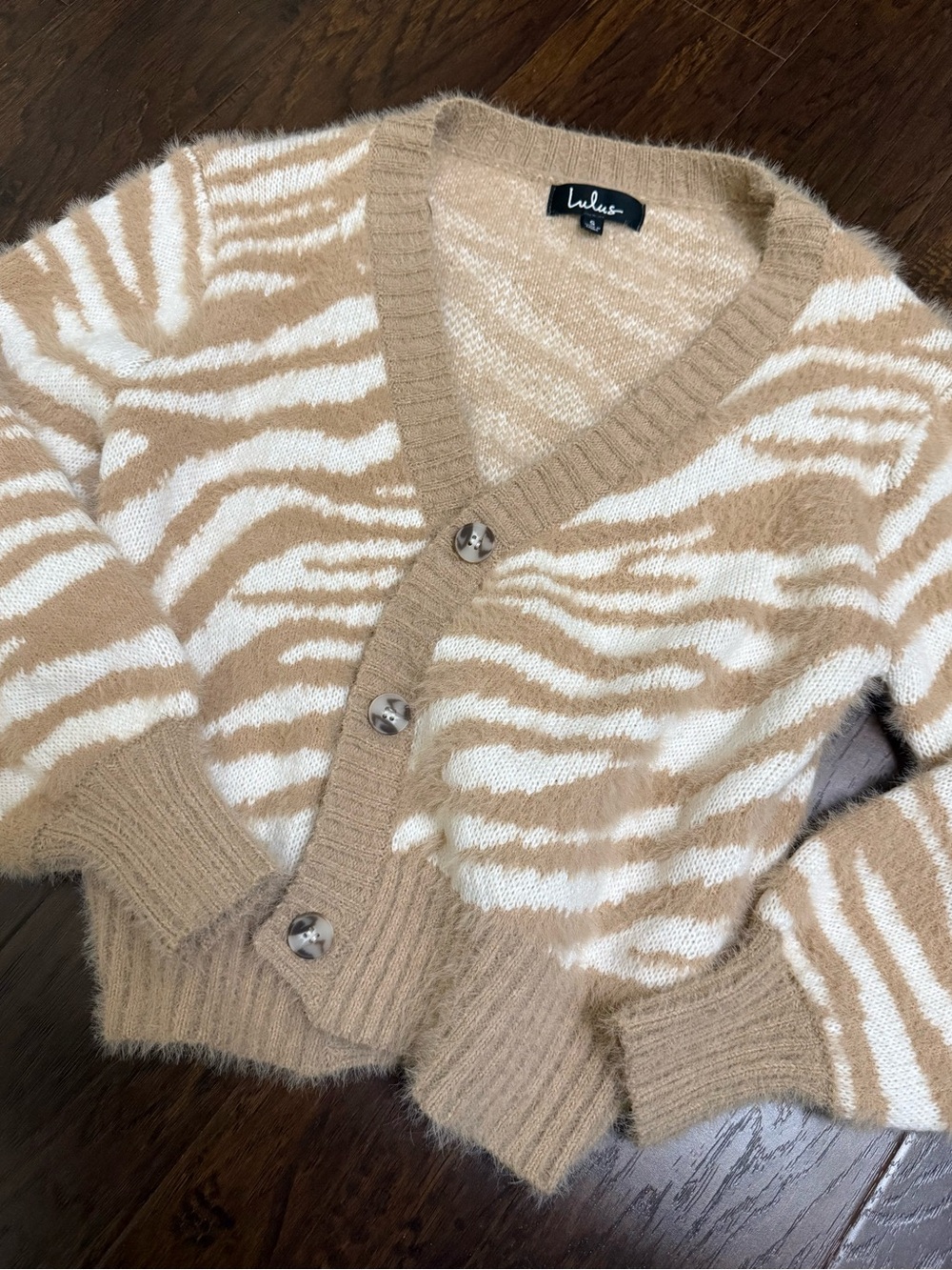 Lulus Tan and White Tiger-Print V-Neck Fuzzy Cardigan Sweater